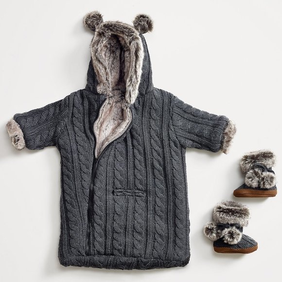 NWOT Restration Hardware Cable Knit & Luxe Faux Fur Baby Bunting - Picture 1 of 6